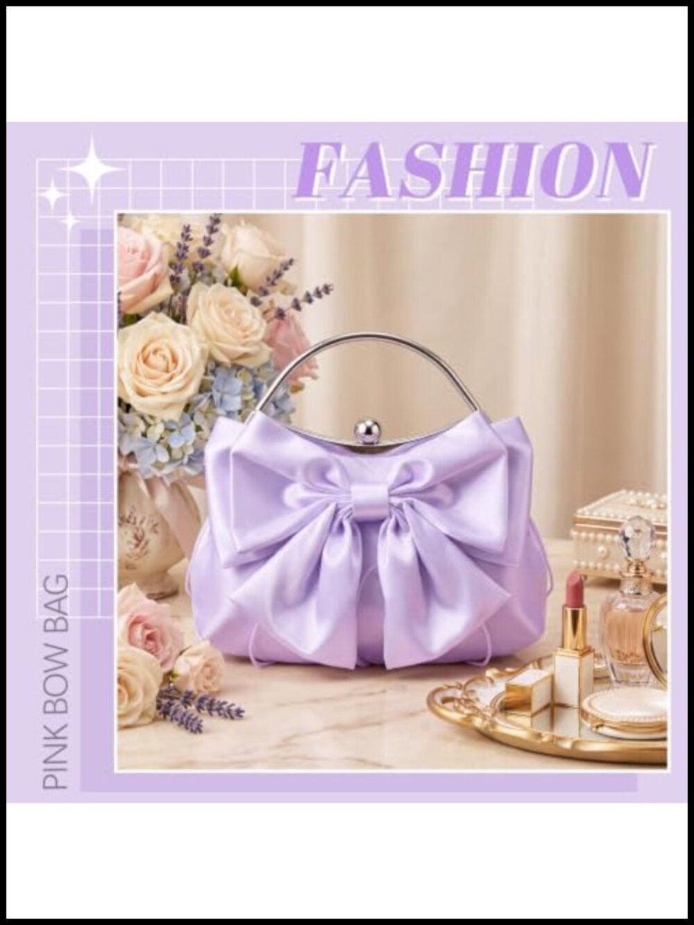 Satin Bow Clutch Purse with Kiss Lock Closure and Chain Strap - Picture 4 of 6